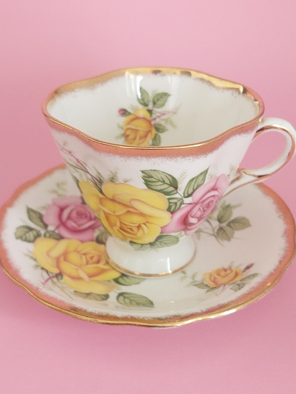 Vintage 1950s Windsor English Bone China Teacup Saucer Set Cabbage Roses Duo
